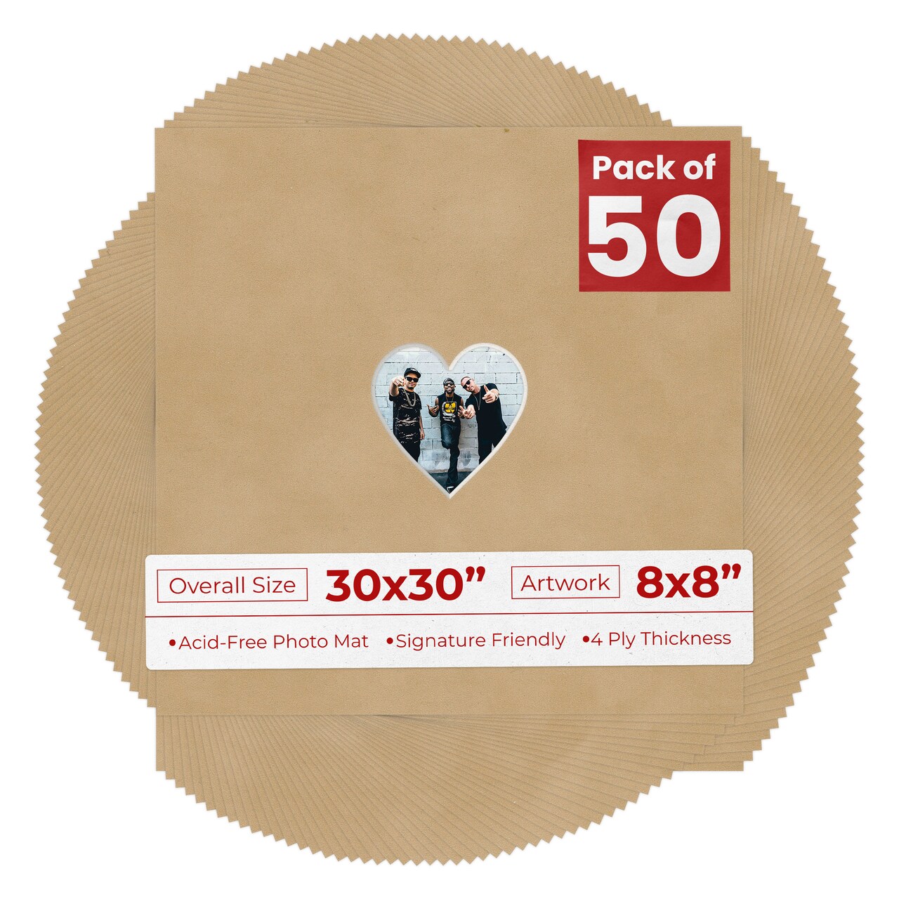 Beige Suede Mat Board for 30x30 Frames - Heart Opening for 8x8 Photos